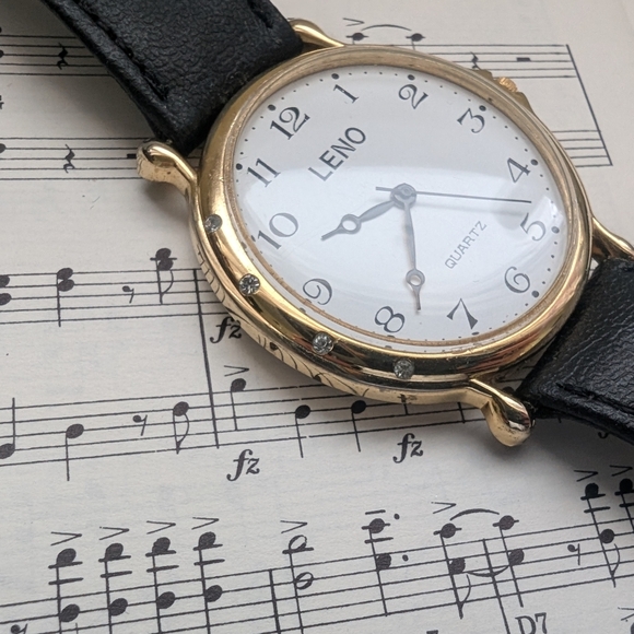 Leno Black and Gold Quartz Watch Leather Strap - Picture 2 of 7